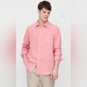 UNIQLO Men's 100% Pemium Linen Long-Sleeve Button Down Shirt Sz Small‎ Pink